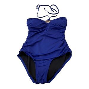 Michael Kors Elegant Blue Women's One Piece Halter Swimsuit W/logo Charm Size 6